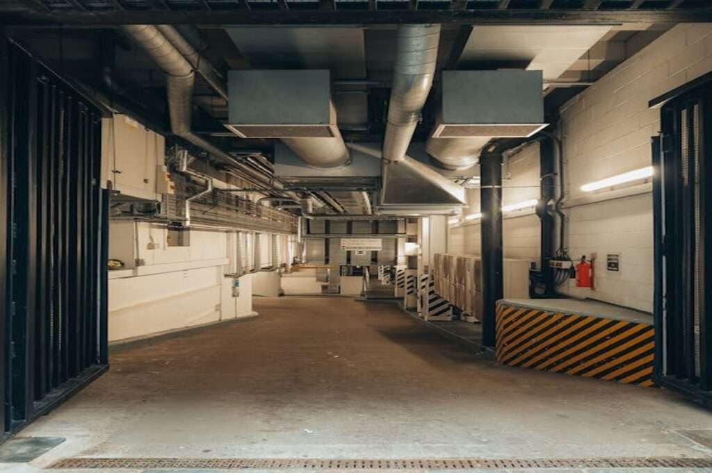 Commercial air duct system in an industrial facility, showcasing ventilation ducts and HVAC infrastructure for improved airflow and air quality