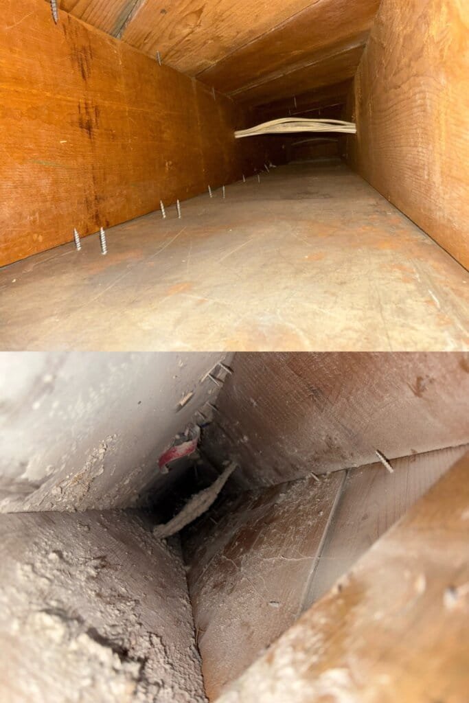 Air ducts before and after cleaning showing significant improvement in cleanliness.